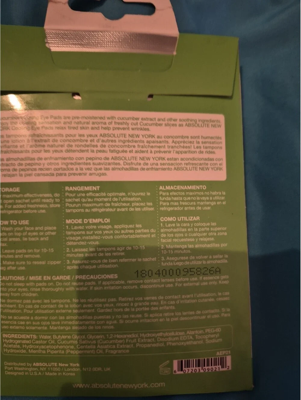 1 Pack Absolute New York De-Puffing Cooling Eye Pads- Aloe, Kiwi, Cucumber